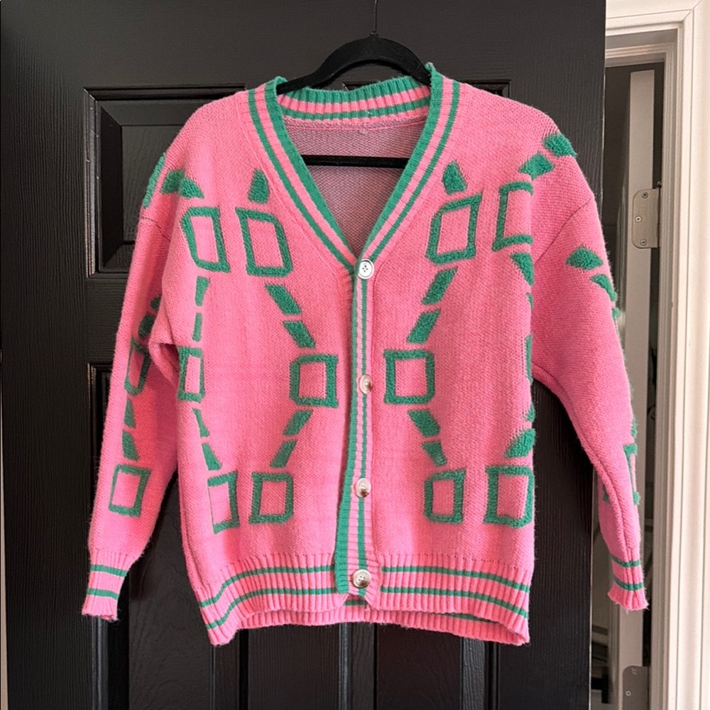 Pink and Green V-Neck Button Cardigan Sweater